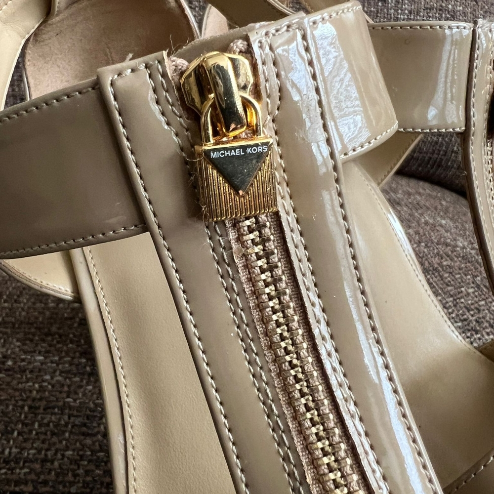 Michael Kors Beige Patent Leather Zip T-Strap Heels - Picture 4 of 9